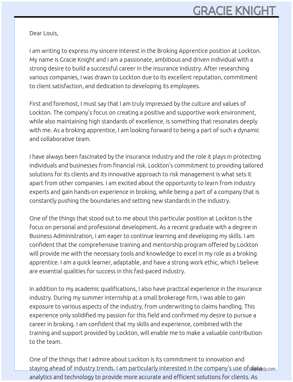 broking apprentice At lockton  Cover Letter