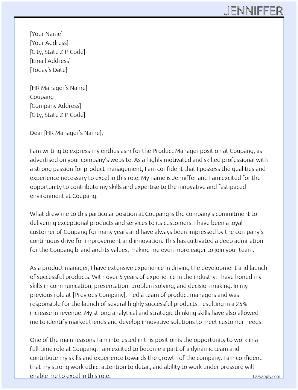 Product manager At Coupang Cover Letter