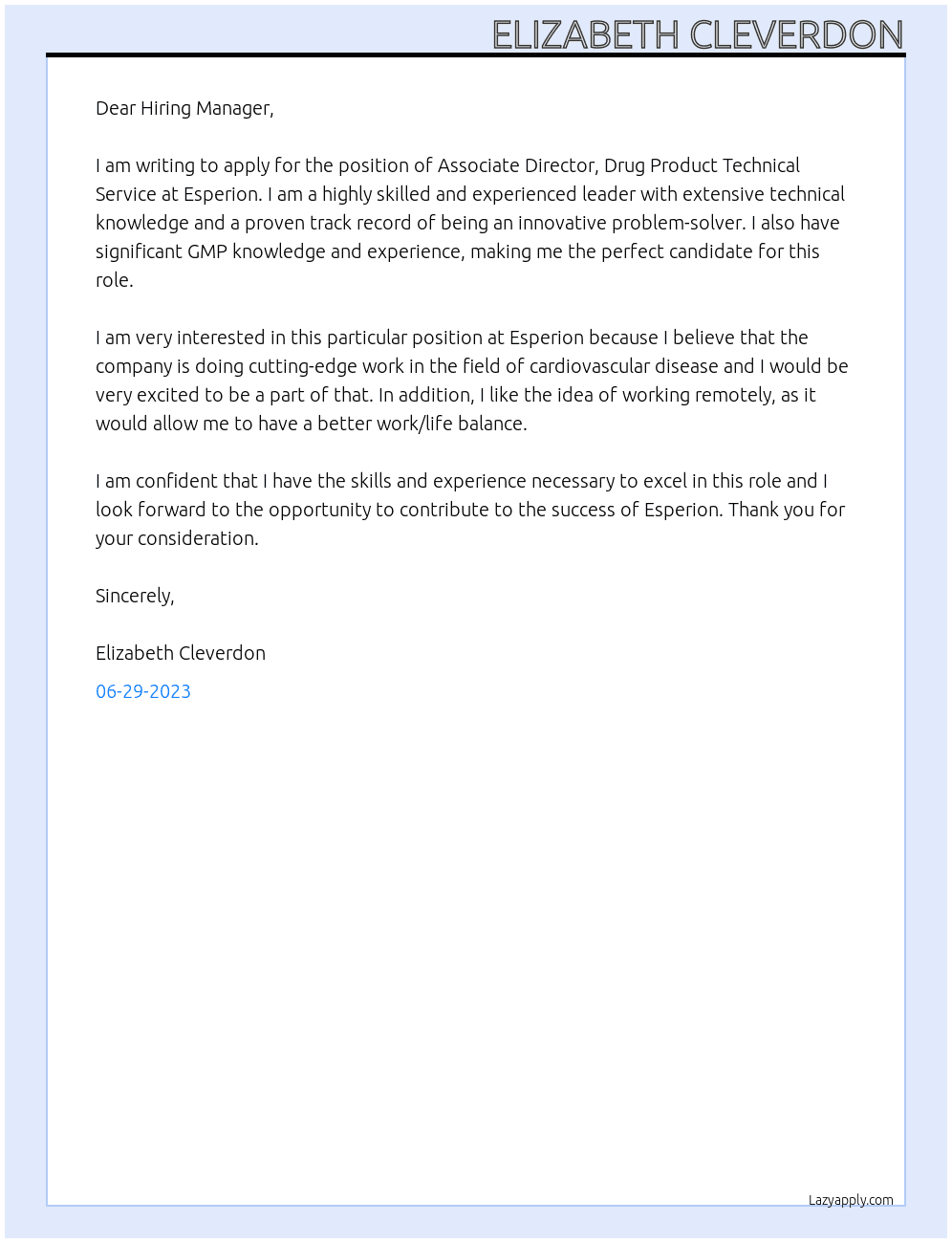 Associate Director, Drug Product Technical Service At Esperion Cover Letter