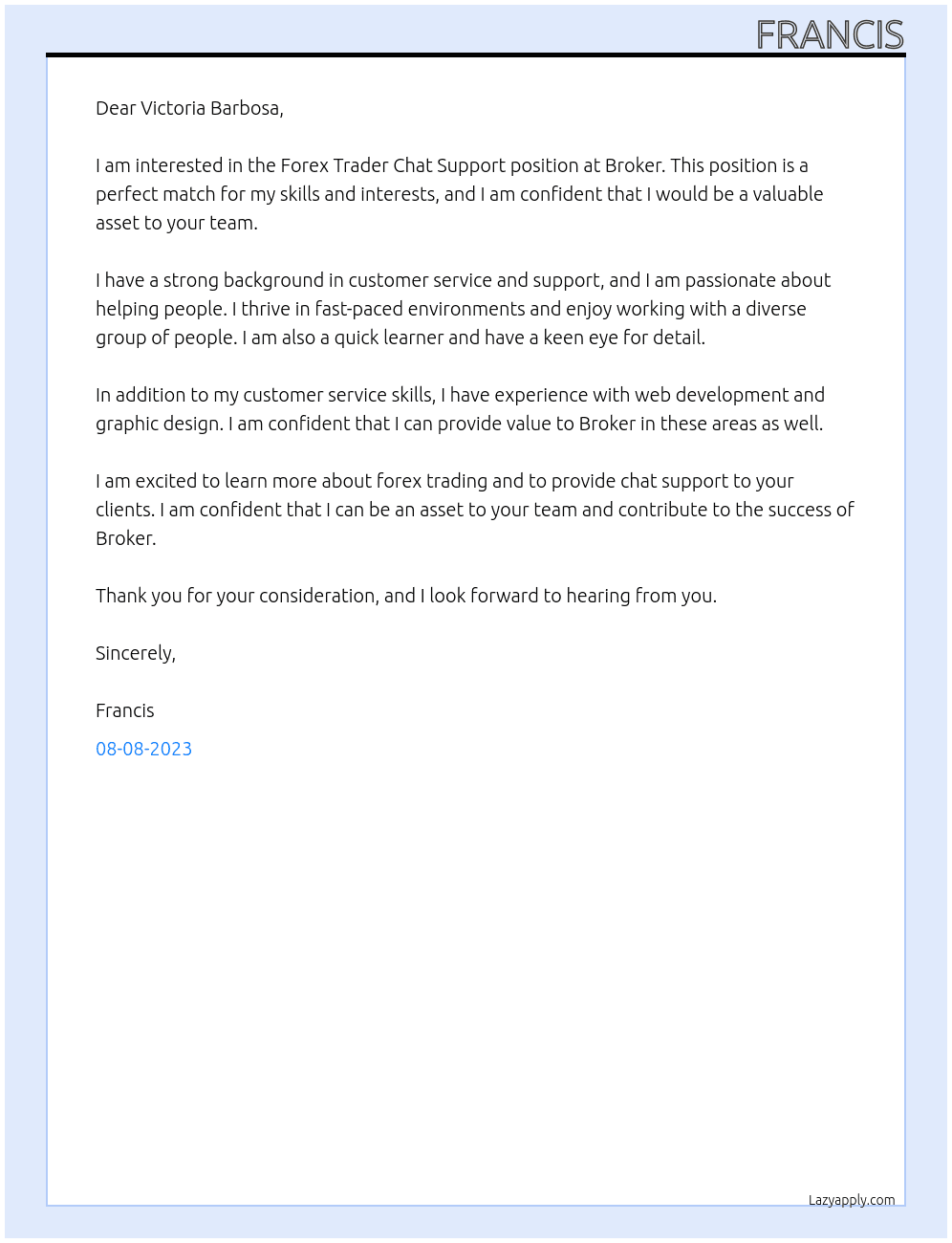 Forex Trader Chat Support At Broker Cover Letter