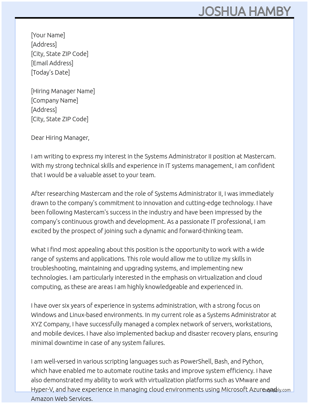 Systems Administrator II At Mastercam Cover Letter
