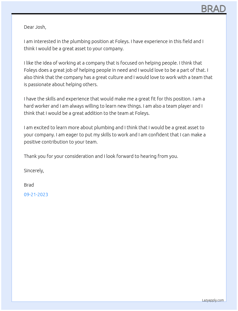 Plumbing At Foleys Cover Letter