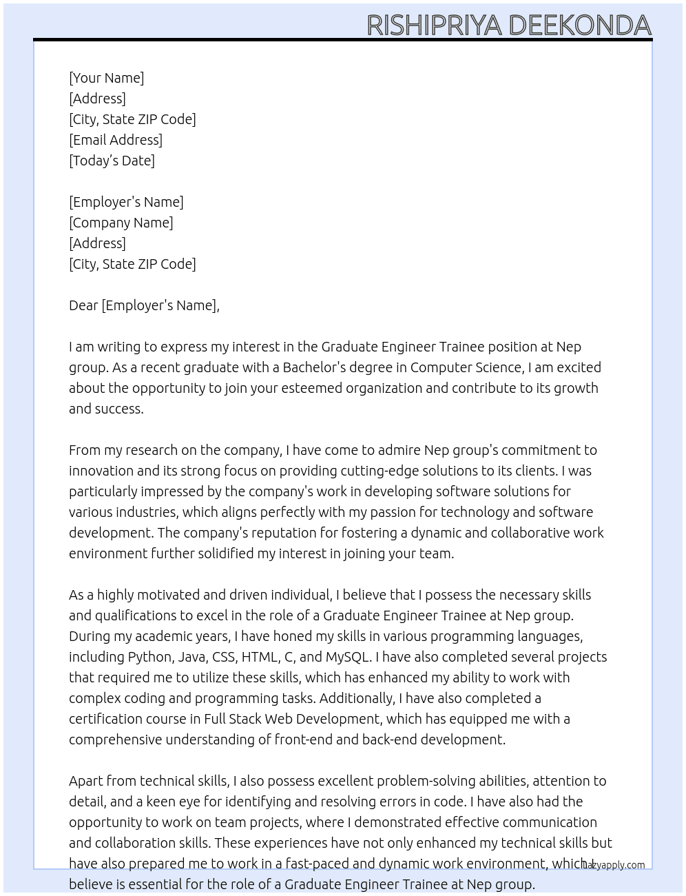 Graduate Engineer Trainee At Nep group Cover Letter