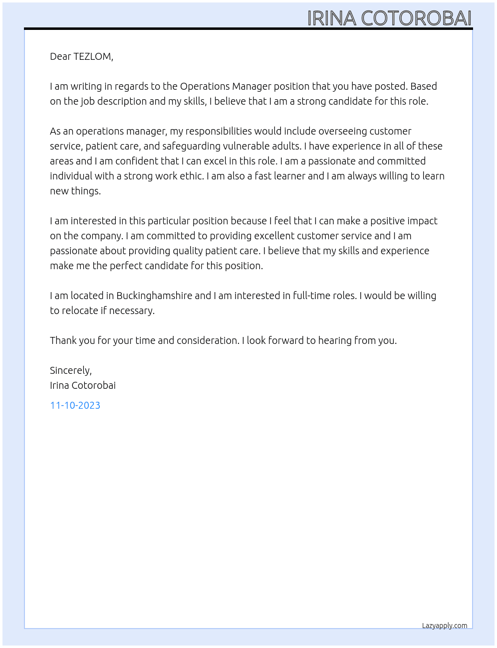 operations manager At TEZLOM Cover Letter