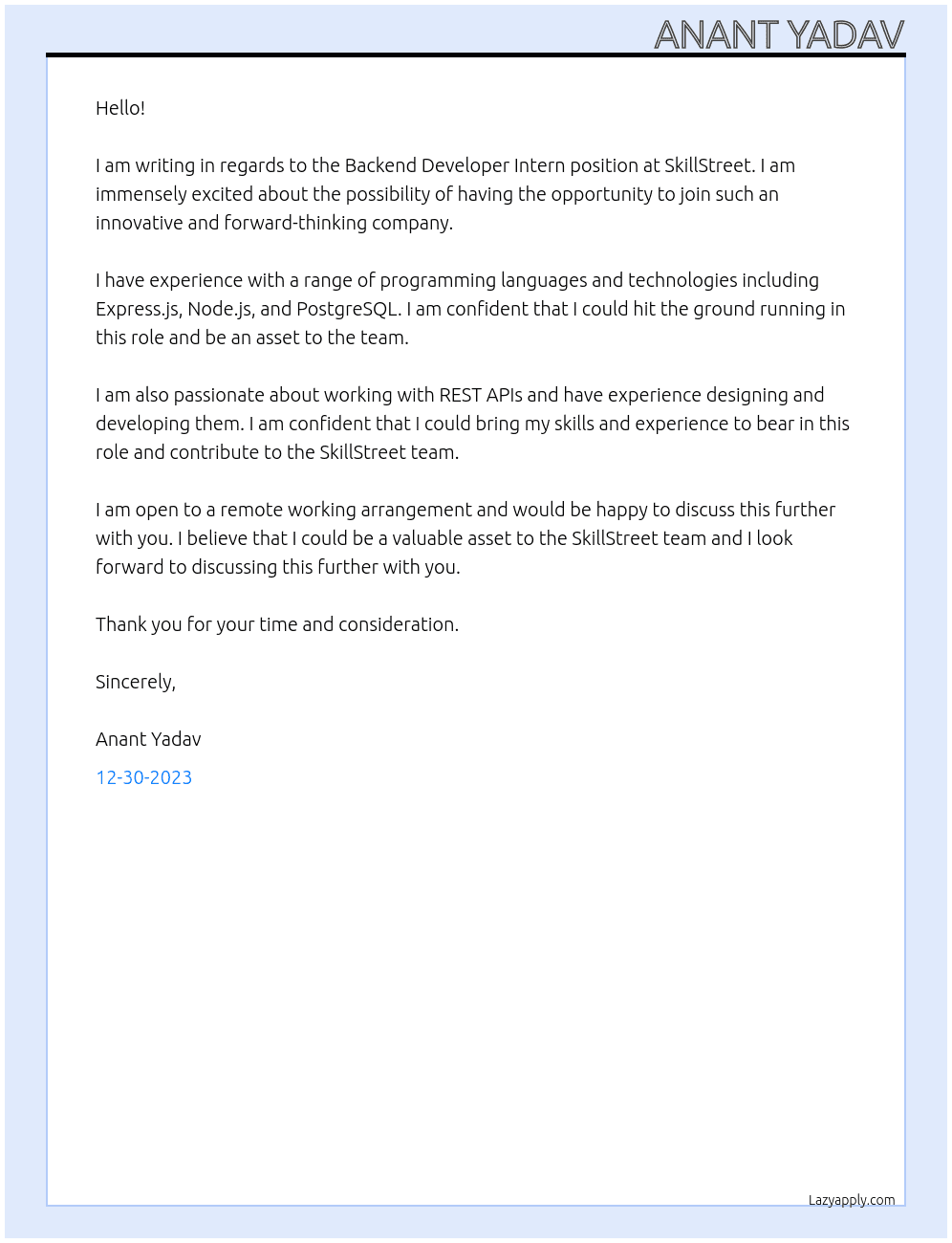 Backend Developer Intern At SkillStreet Cover Letter