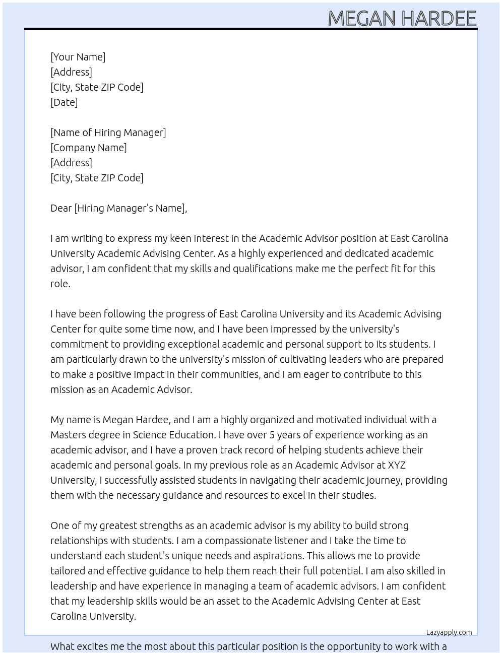 Academic Advisor At East Carolina University Academic Advising Center: Cover Letter