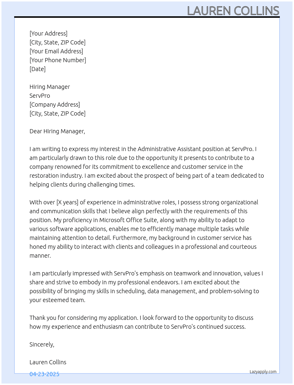 Administrative Assistant  At ServPro Cover Letter