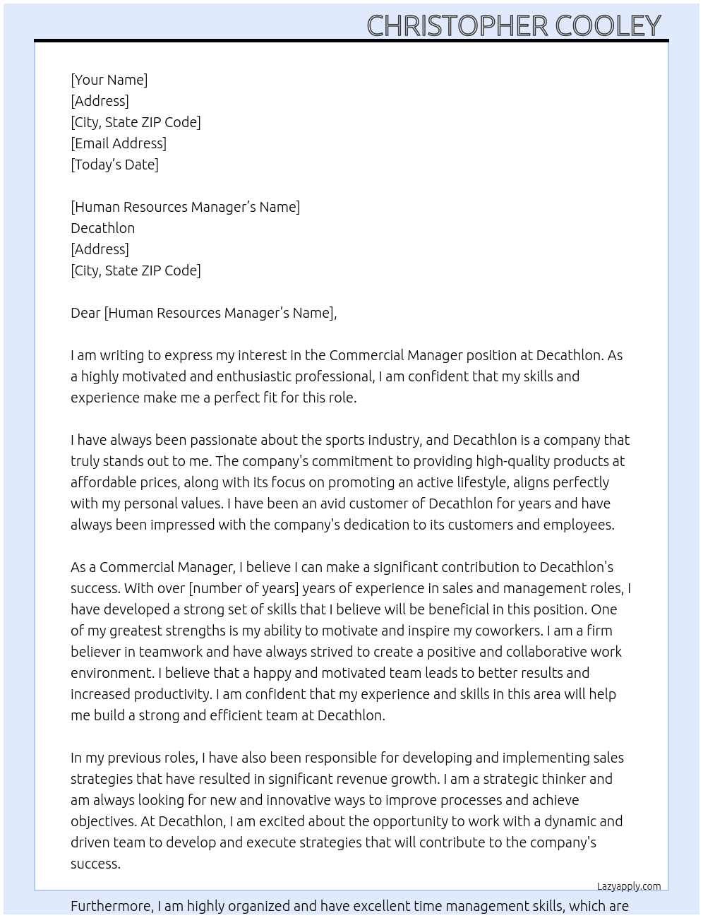 Commercial manager At Decathlon Cover Letter
