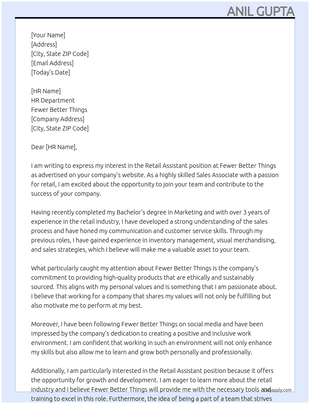 Retail Assistant  At Fewer Better Things Cover Letter