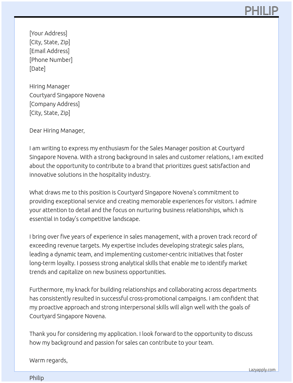 Sales Manager At Courtyard Singapore Novena Cover Letter