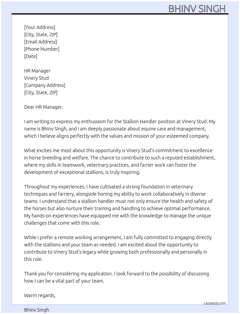 STALLION HANDLER At Vinery Stud Cover Letter