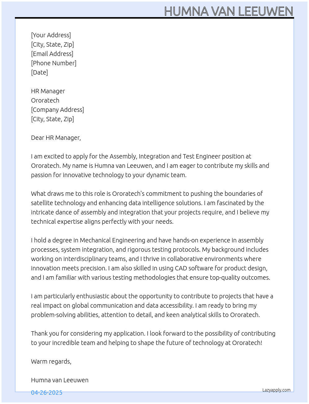 Assembly, Integration and Test Engineer  At Ororatech Cover Letter