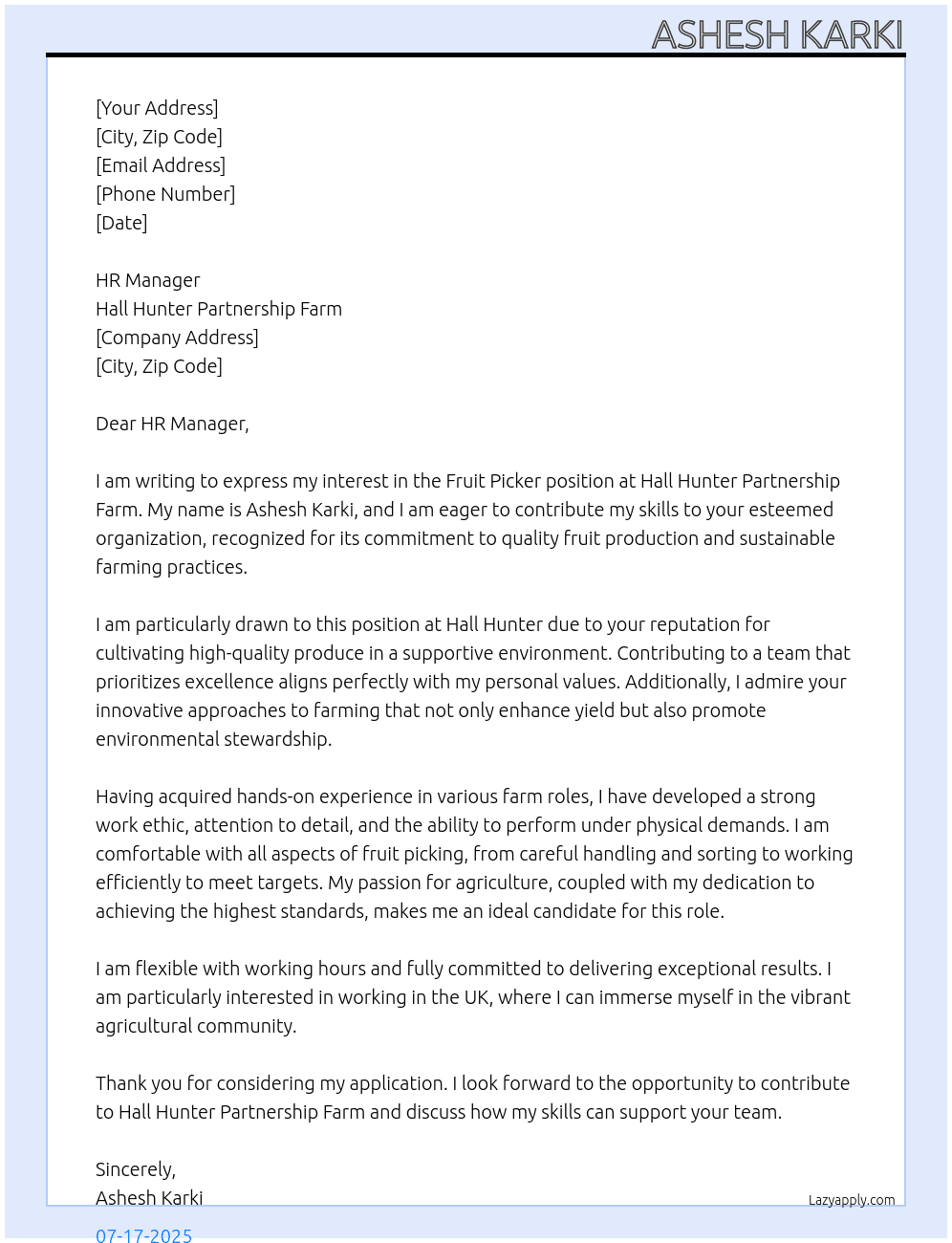 Fruit picker At Hall hunter partnership  farm Cover Letter