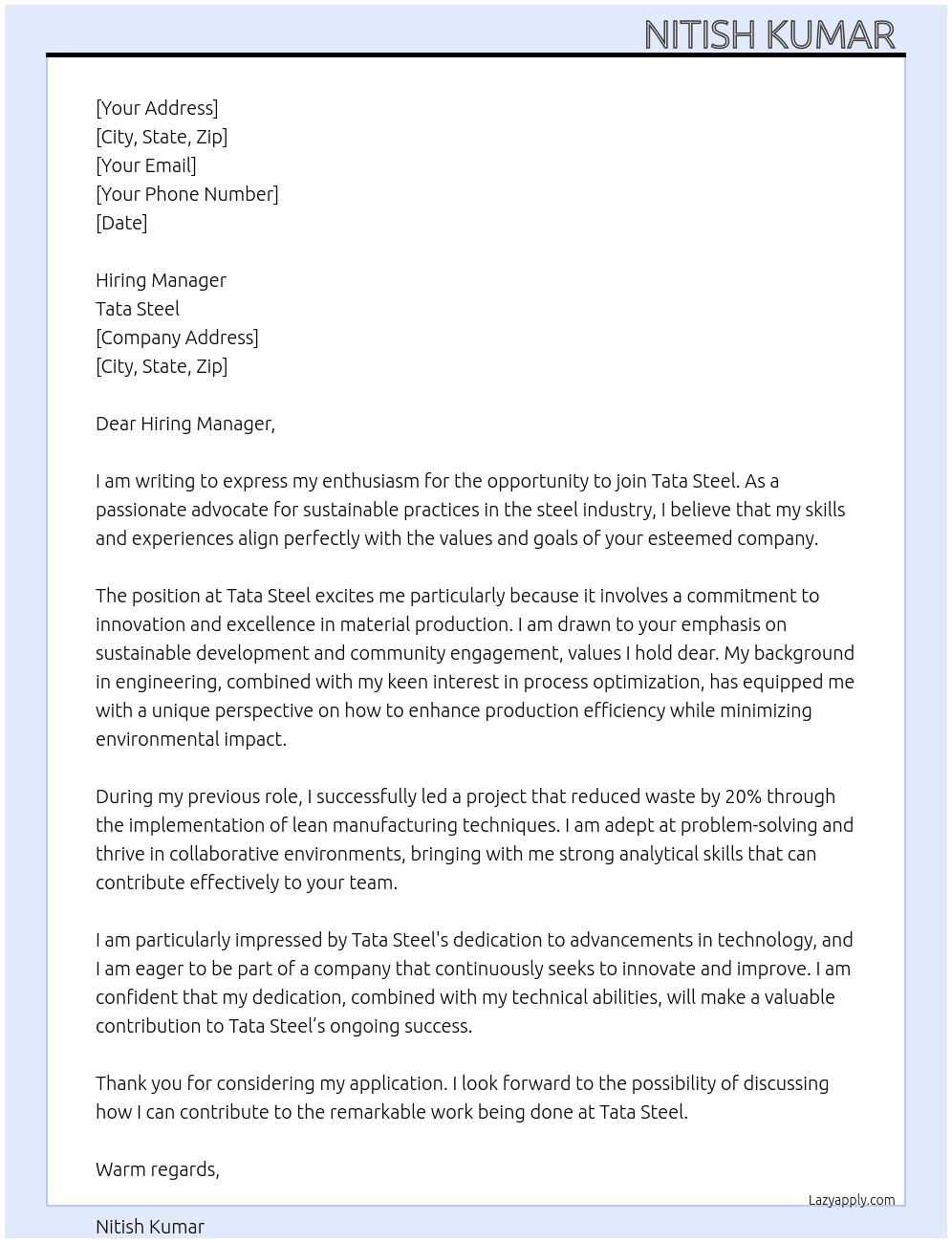 Tata Steel  At Tata Steel  Cover Letter