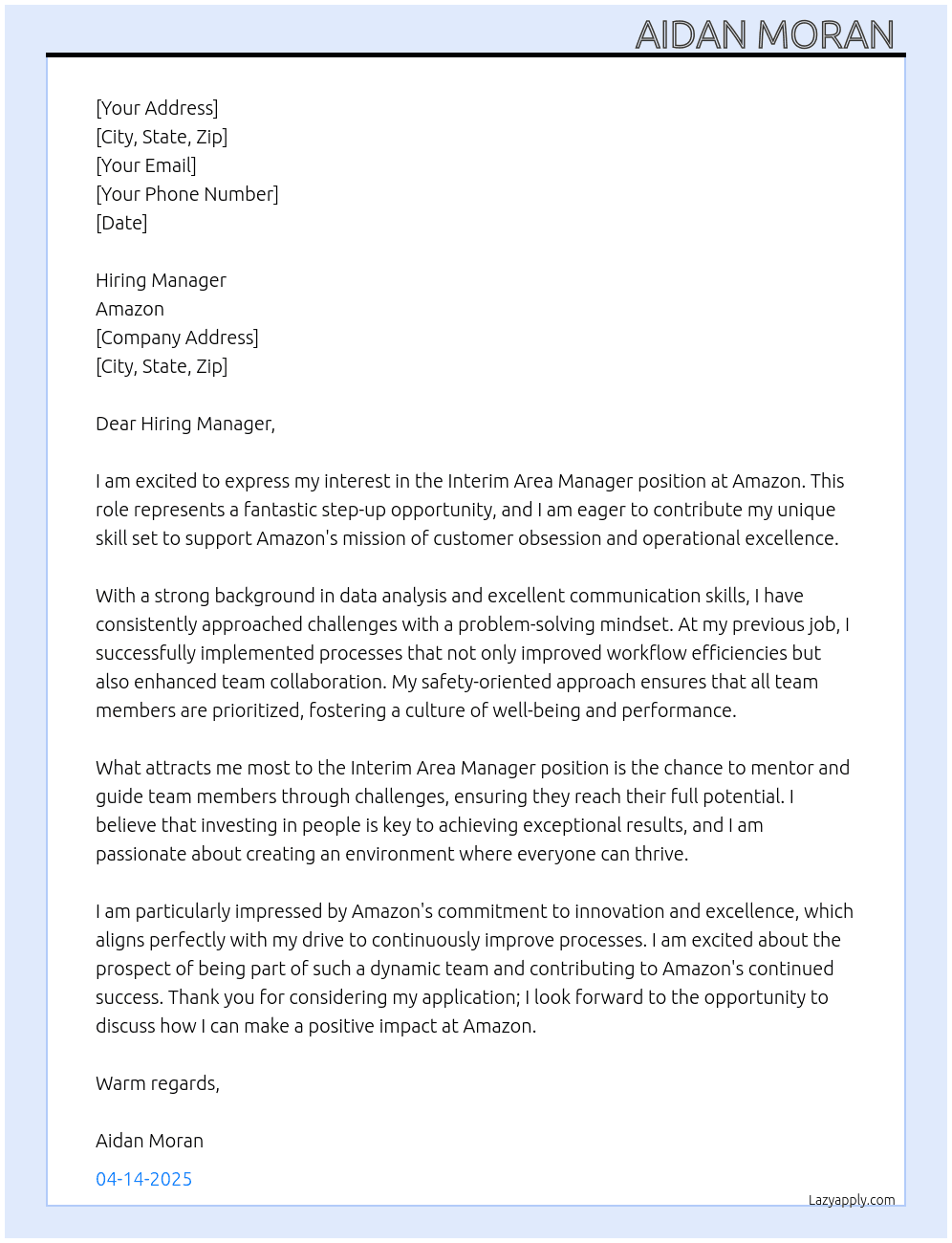 Cover letter for interim area manager - LazyApply