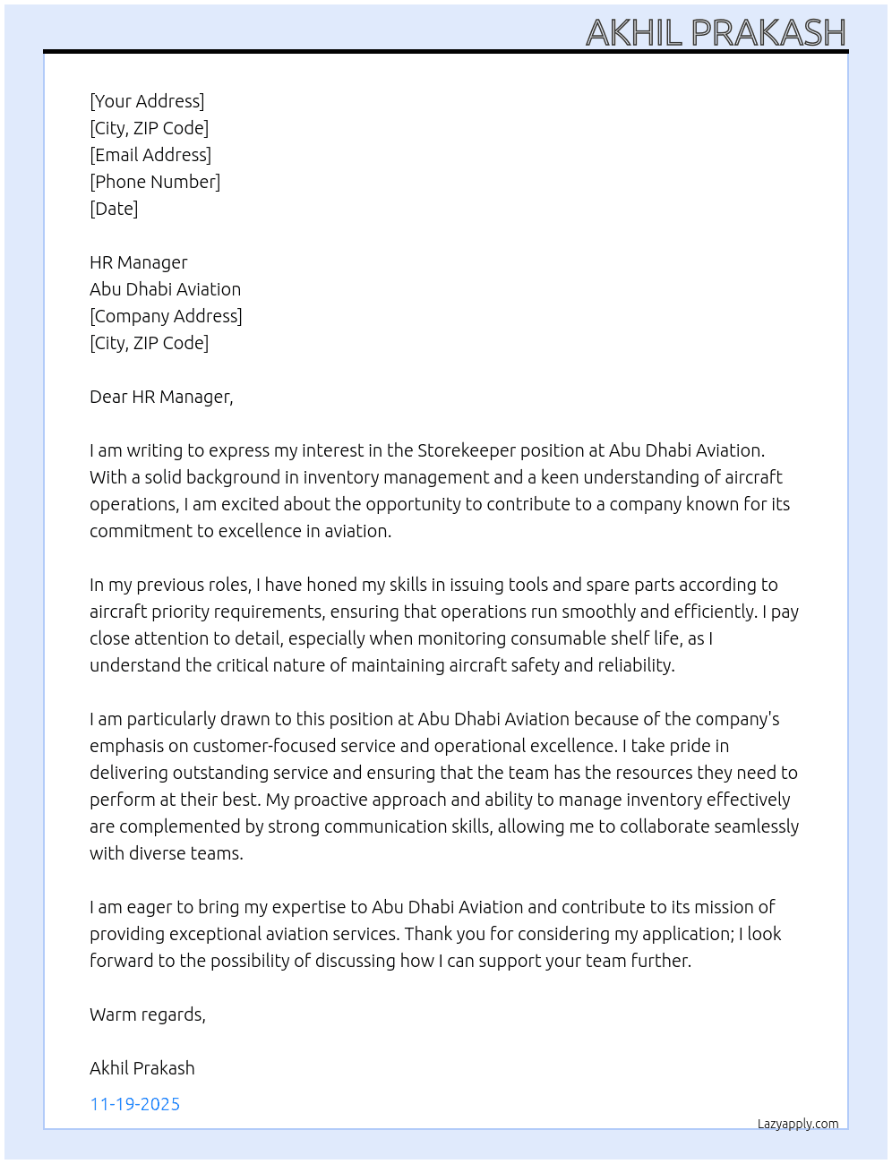 Storekeeper  At Abu Dhabi Aviation Cover Letter