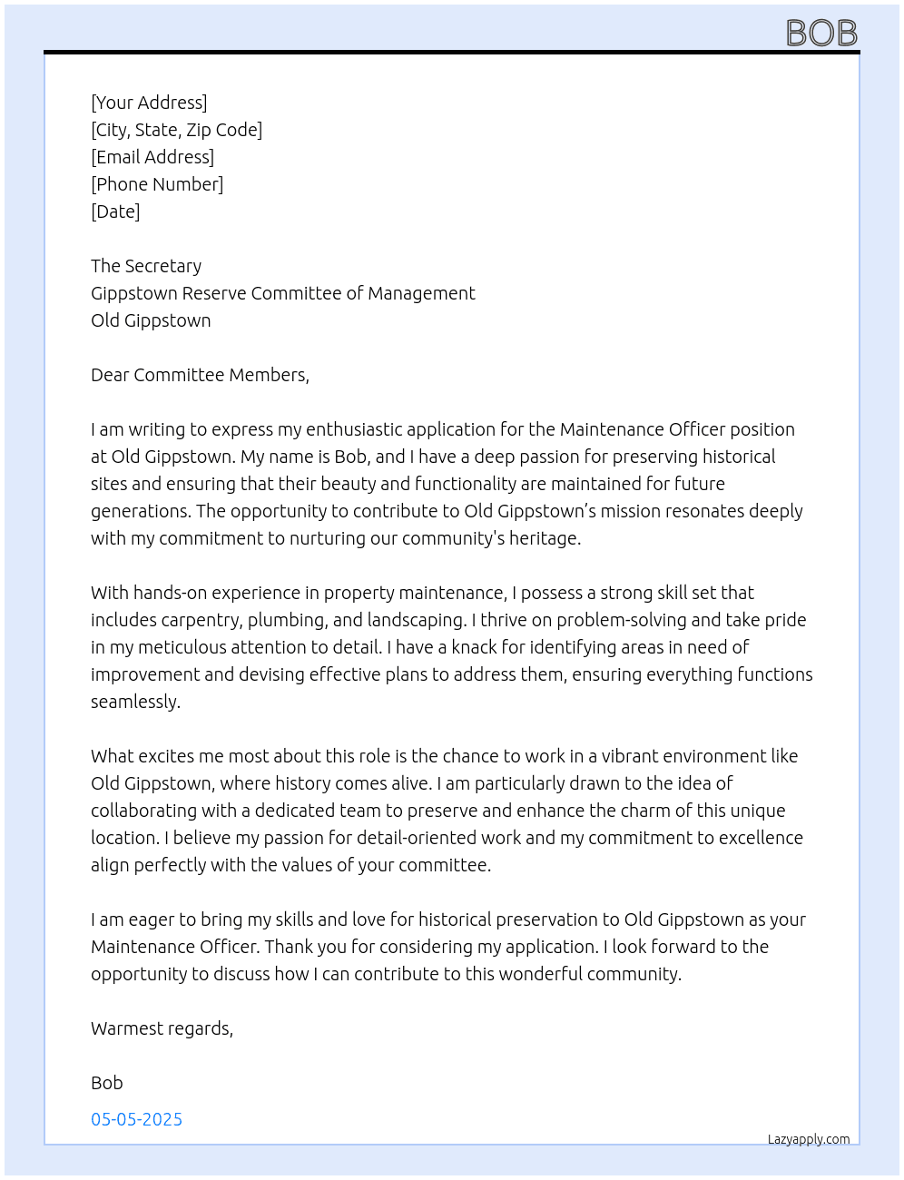 Maintaince Officer At Old Gippstown Cover Letter