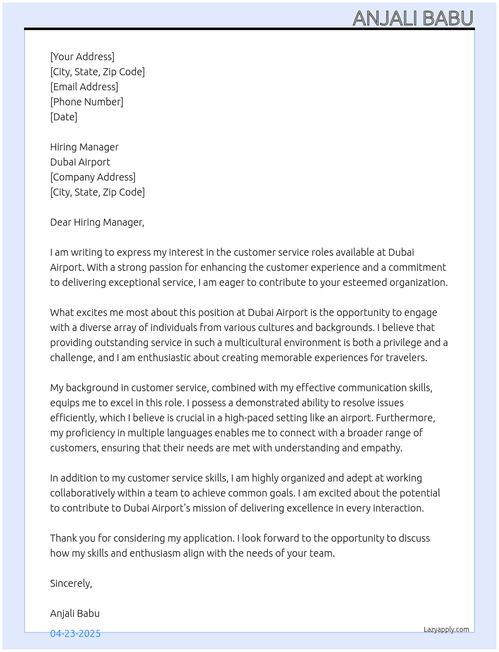 customer service roles At dubai airport Cover Letter