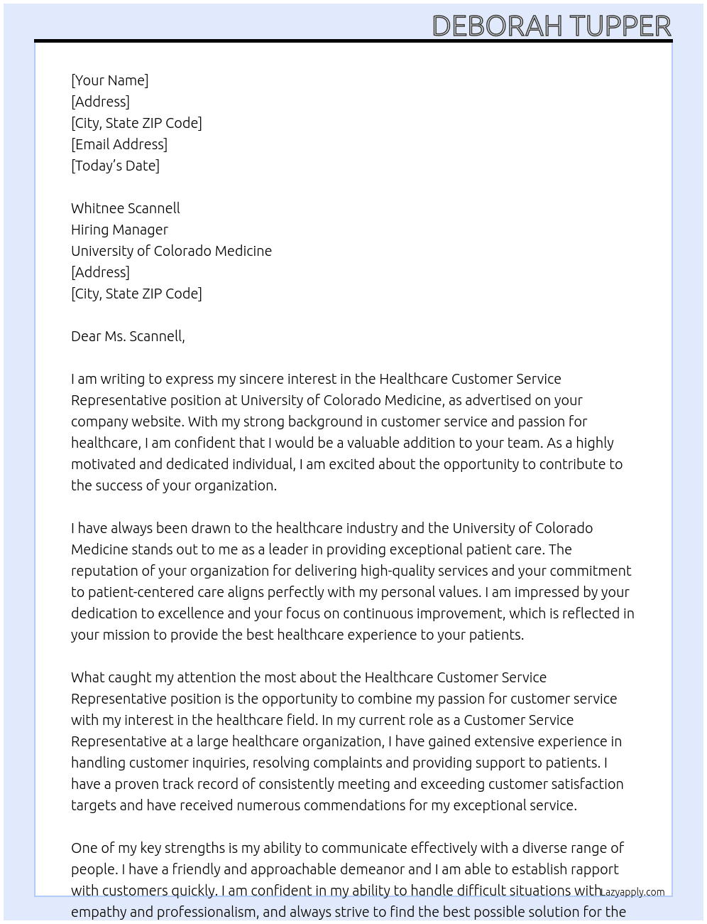 Healthcare Customer Service Representative At University of Colorado Medicine Cover Letter