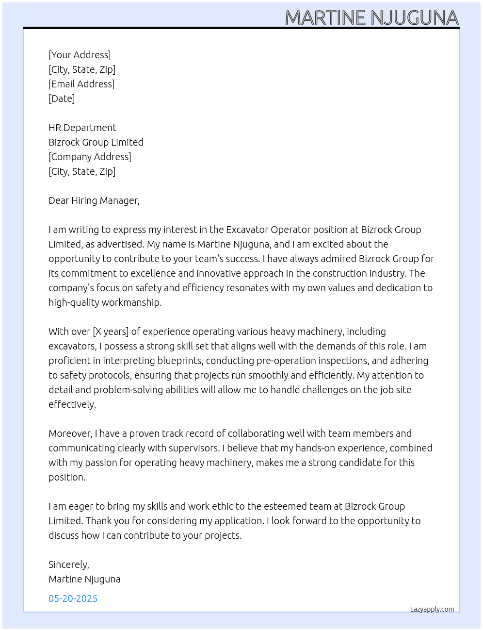 Excavator operator At Bizrock Group Limi Cover Letter