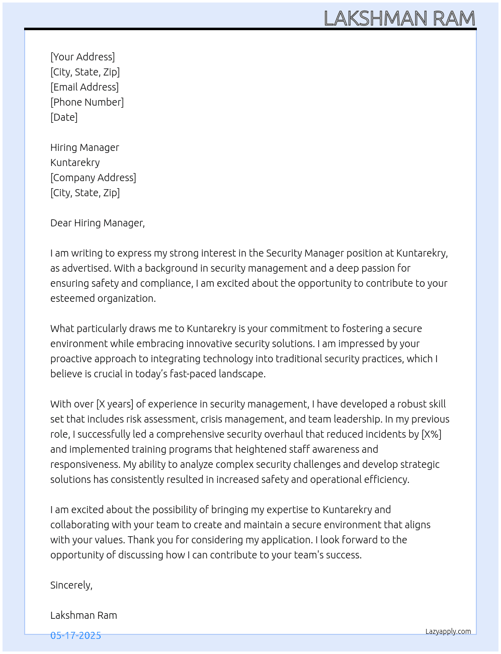 Security Manager At Kuntarekry Cover Letter