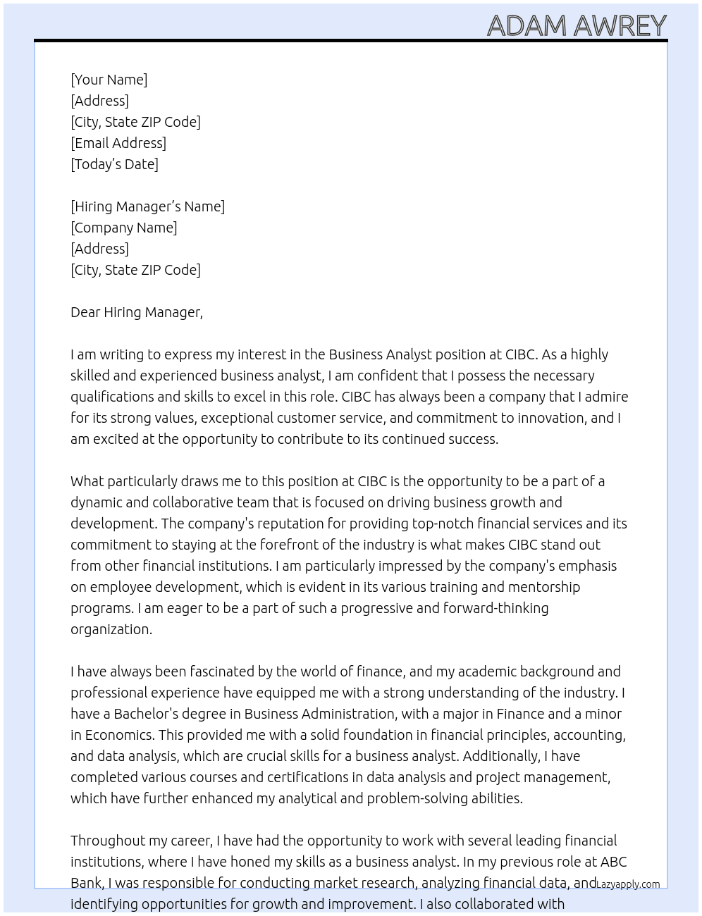 Business Analyst At CIBC Cover Letter