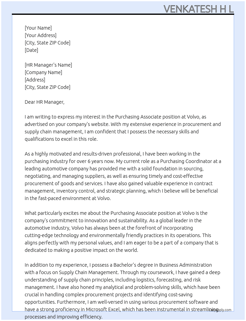 purchasing associate At Volvo Cover Letter