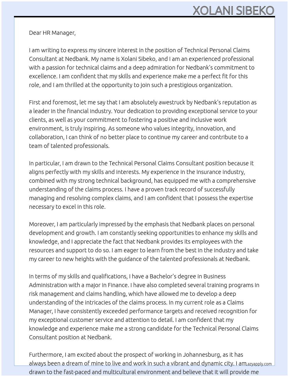 Cover letter for technical personal claims consultant - LazyApply