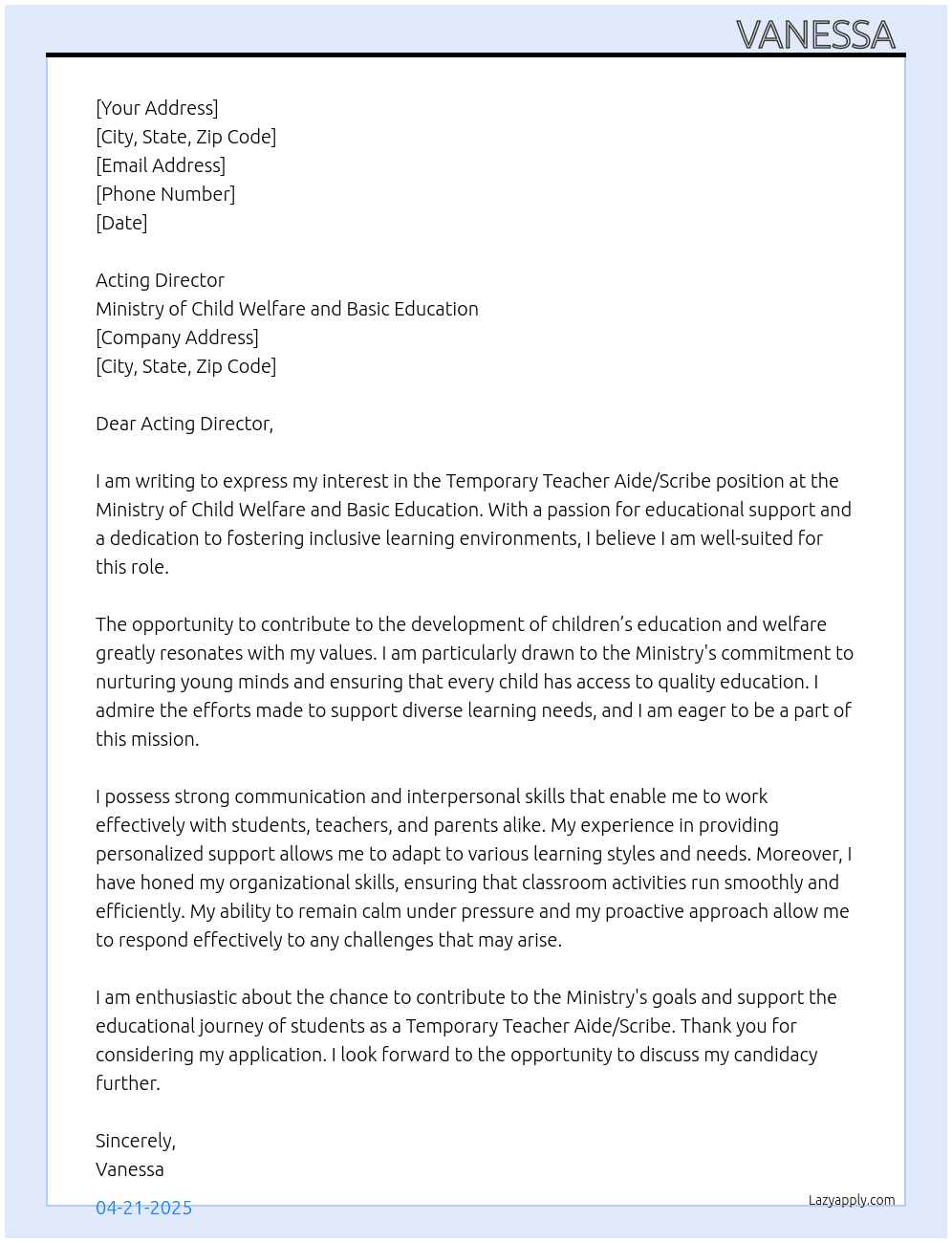 Cover letter for temporary teacher aide/scribe - LazyApply