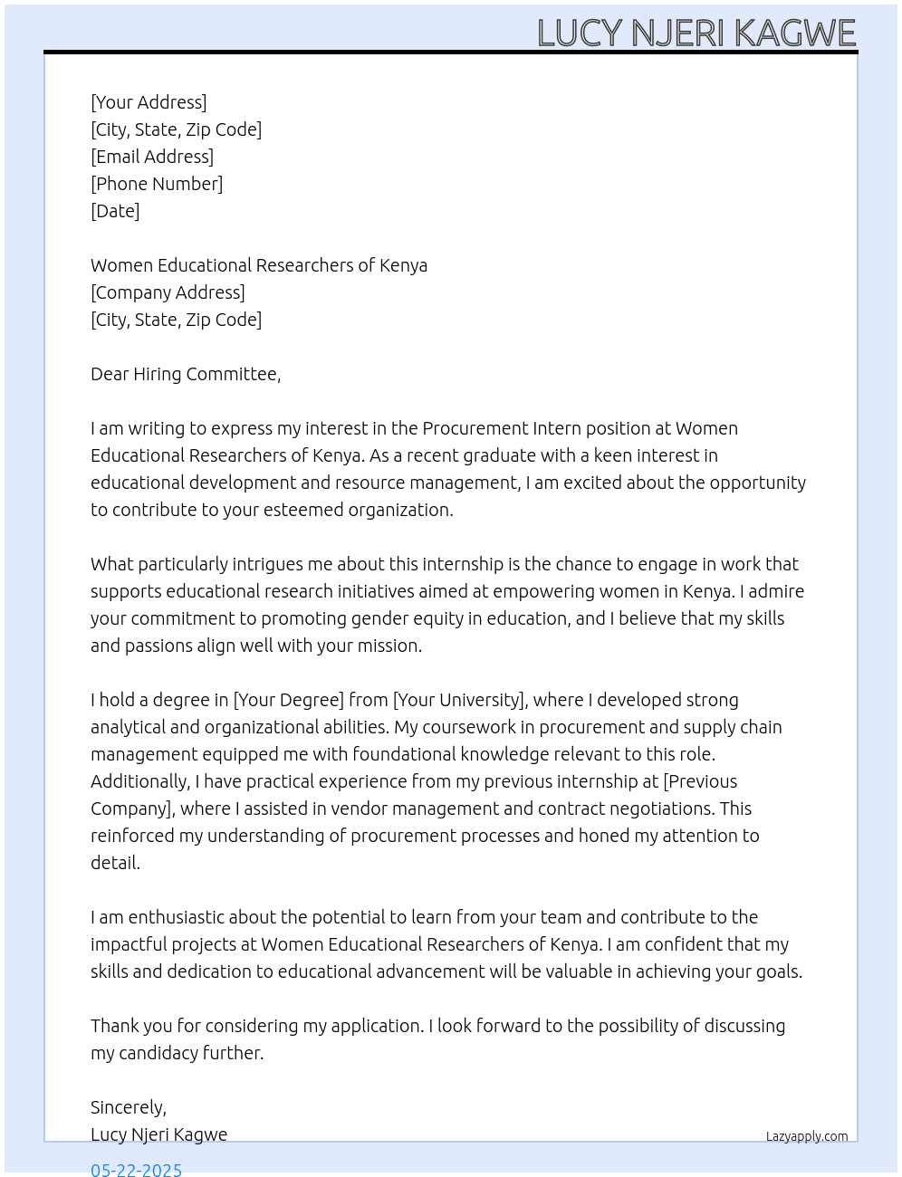 Procurement Intern At Lucy Njeri Kagwe Cover Letter