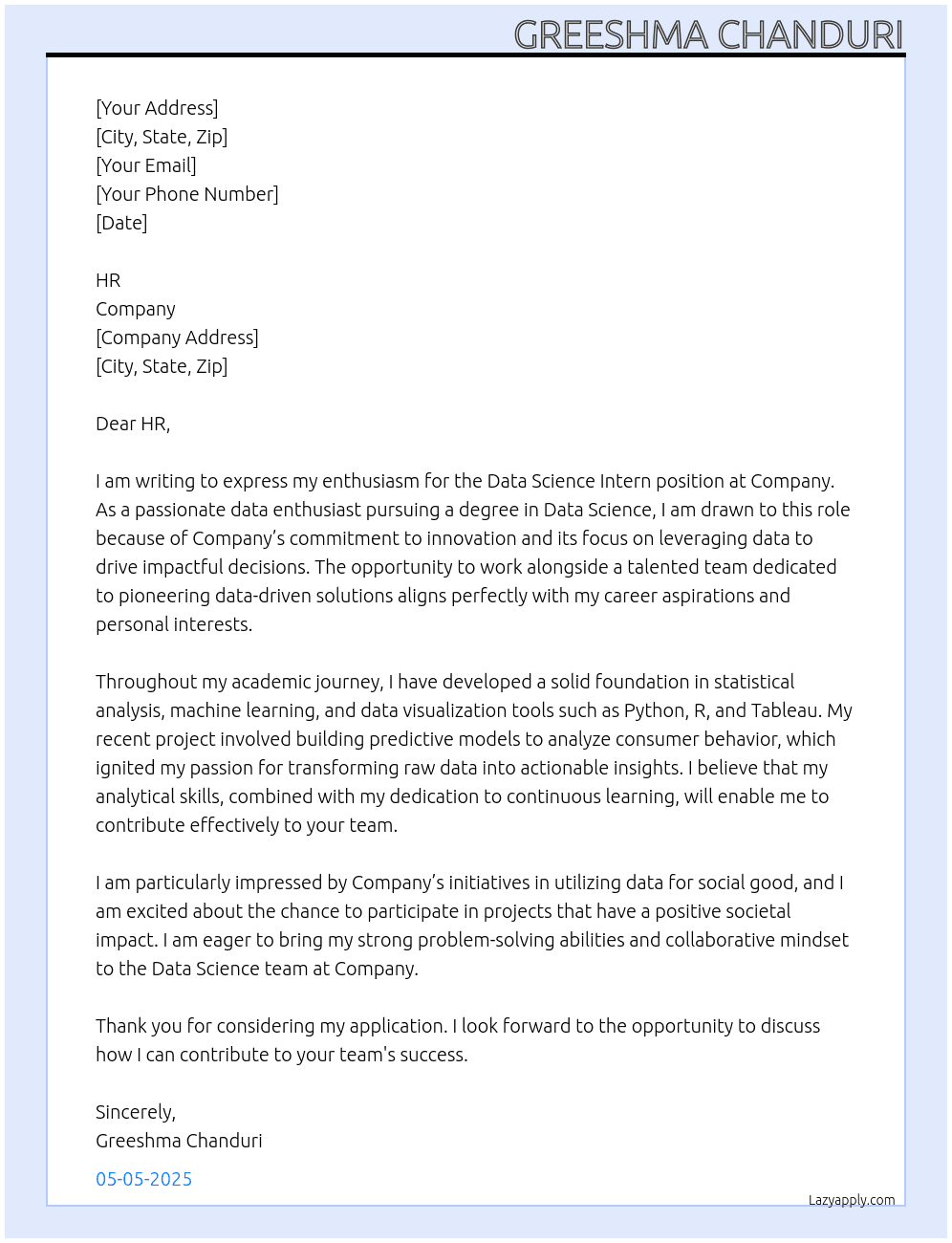 Data Science Intern At company Cover Letter