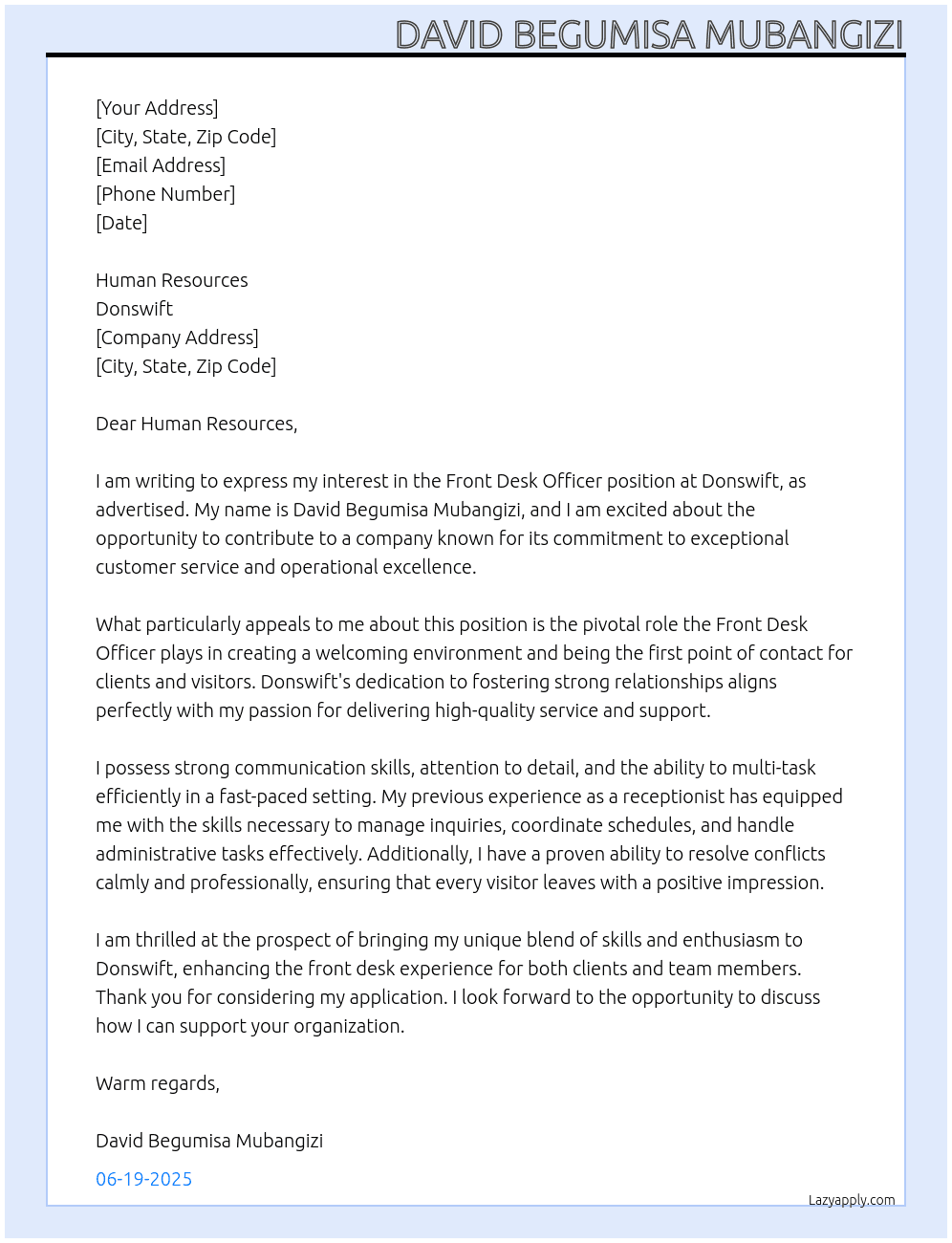 Front Desk Officer At Donswift Cover Letter