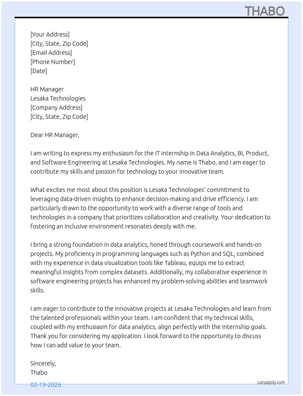 IT (Data Analytics, BI, Product, Software Engineering) internship  At Lesaka Technologies Cover Letter