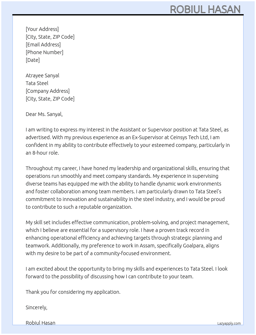 Cover letter for assistant or supervisor - LazyApply