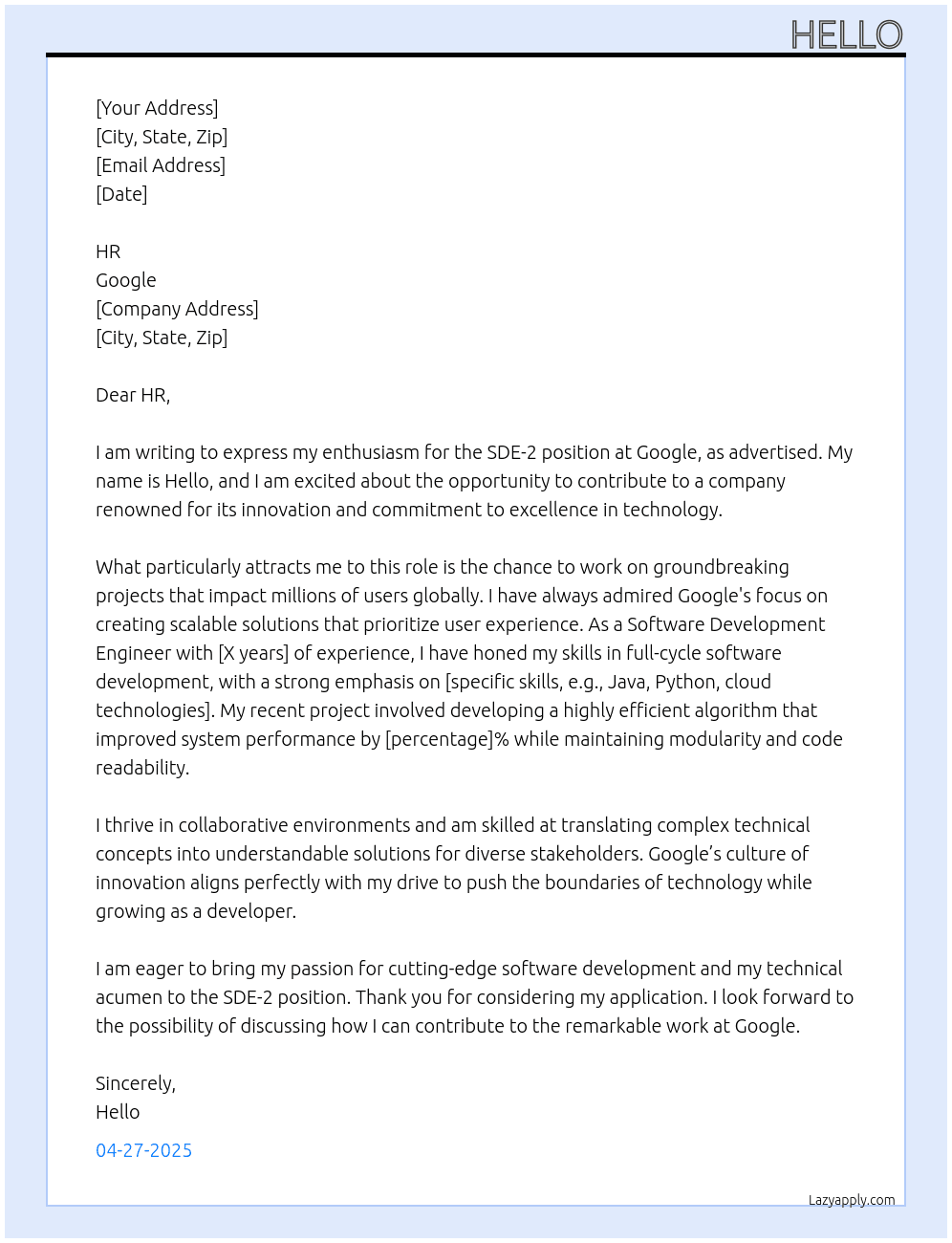 Cover letter for sde-2 - LazyApply