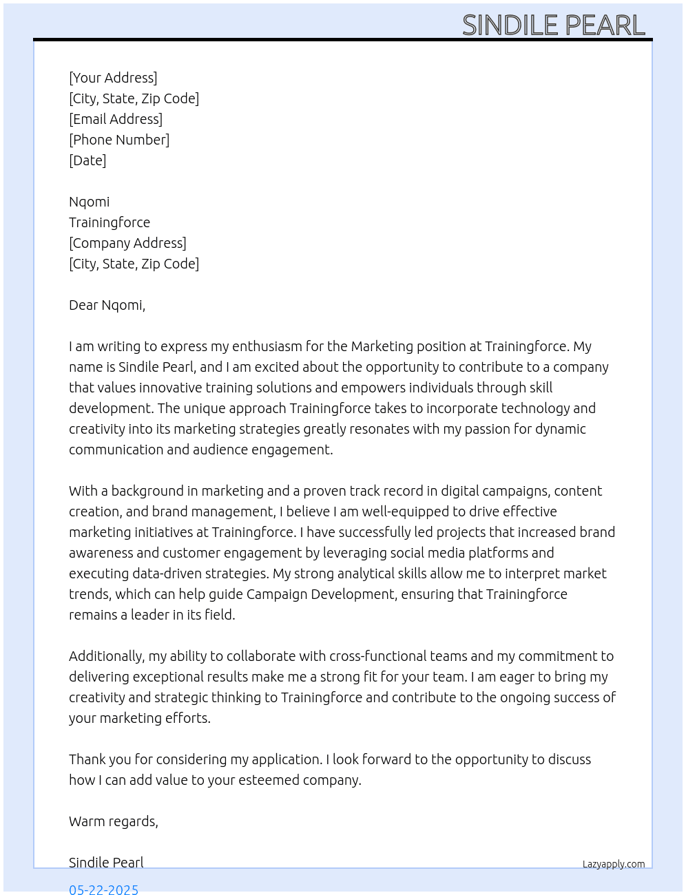 Marketing  At Trainingforce Cover Letter