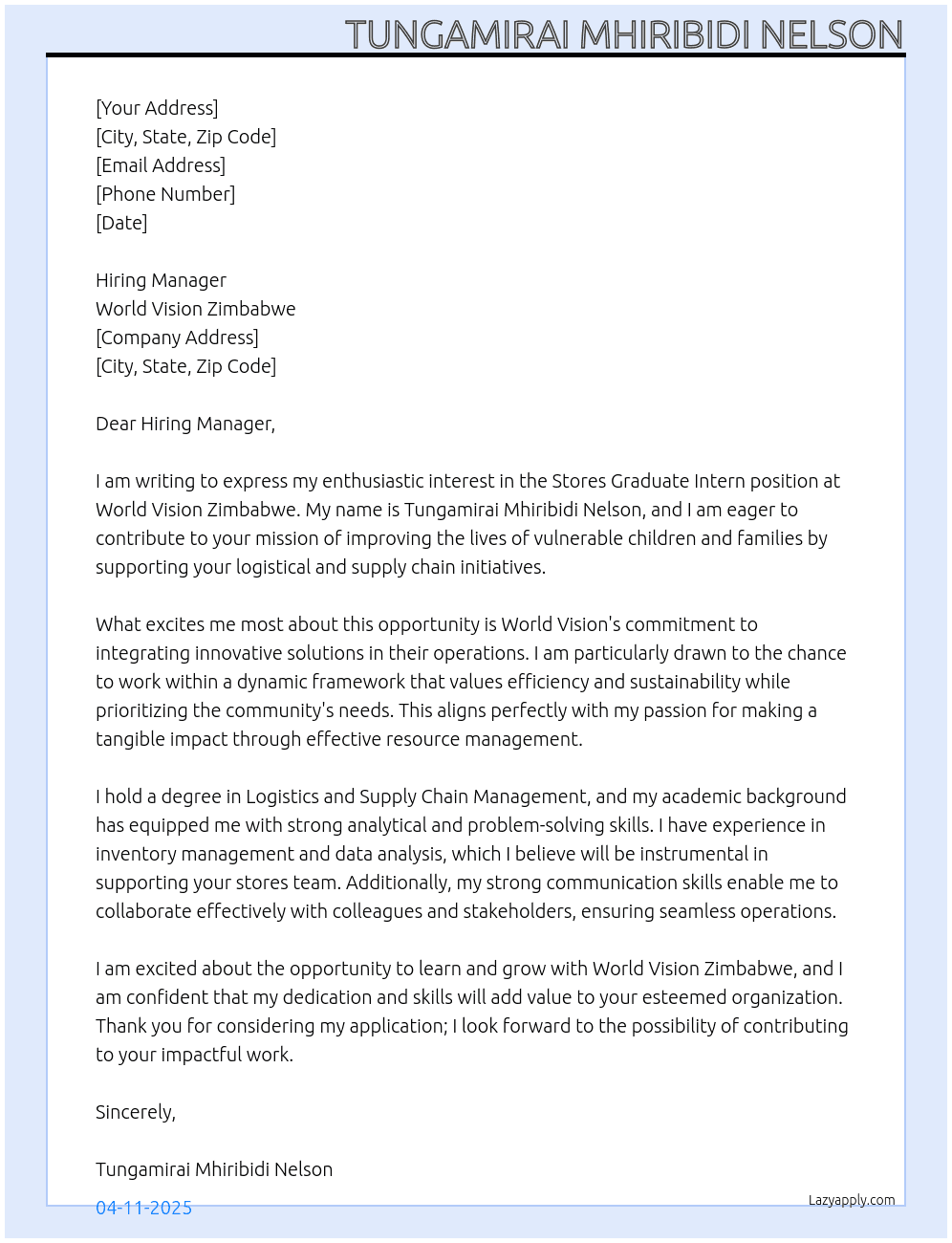 Stores Graduate Intern At World Vision Zimbabwe Cover Letter