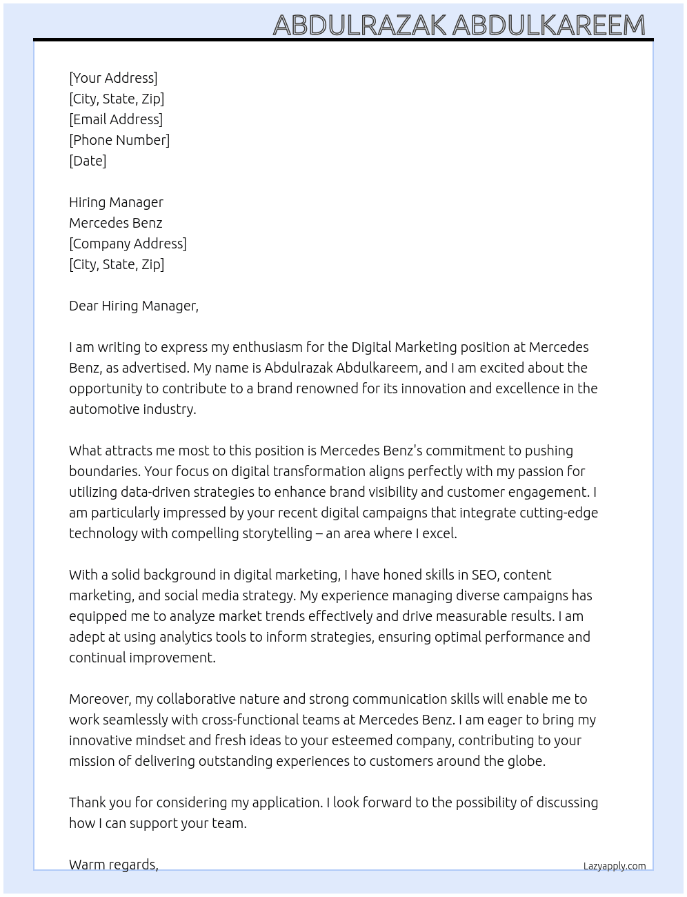 Digital markety At Mercedes Benz  Cover Letter
