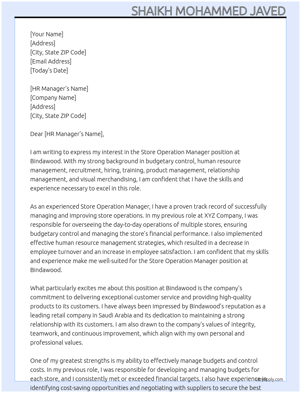 Store operation manager  At Bindawood  Cover Letter