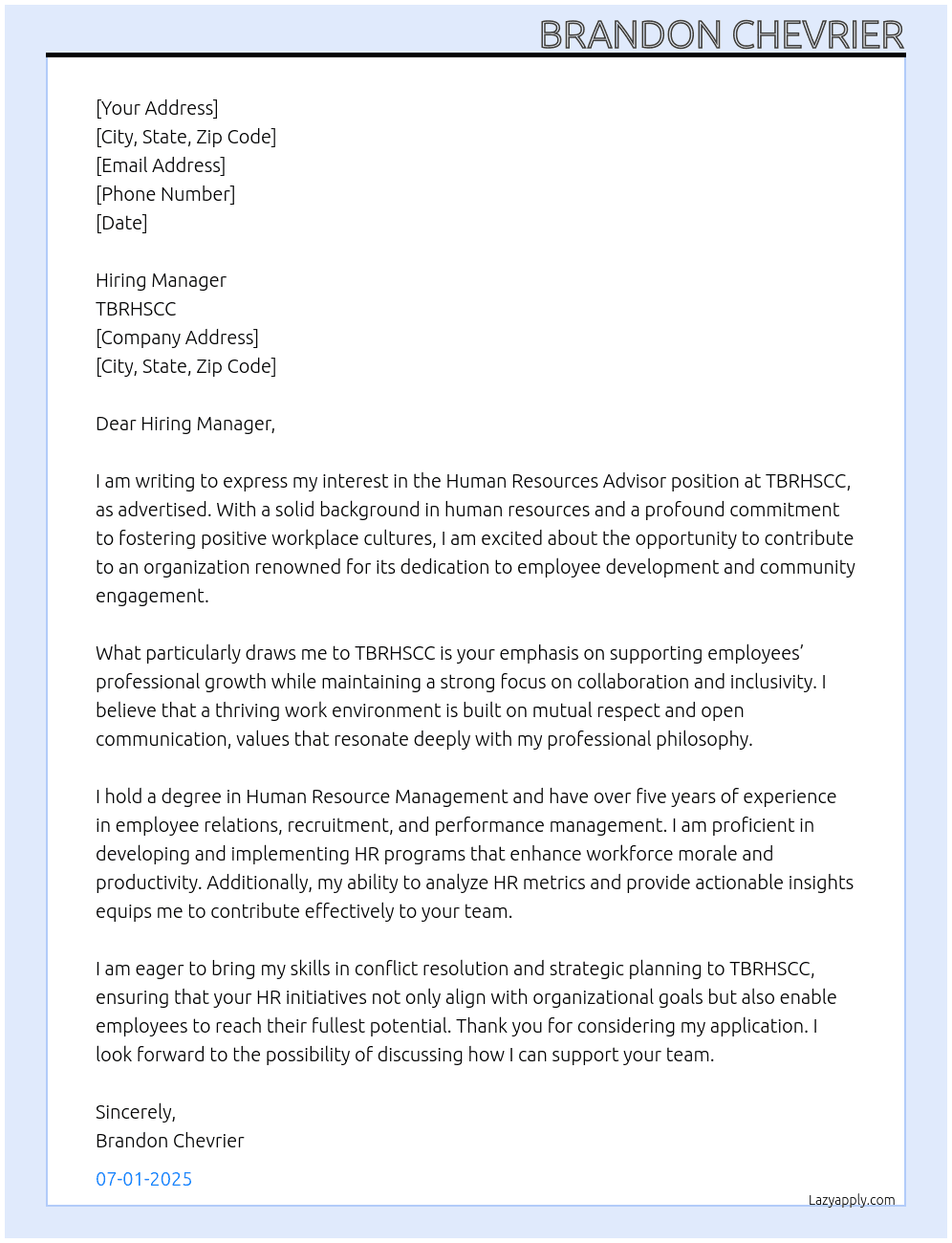 Human Resources Advisor At TBRHSCC Cover Letter