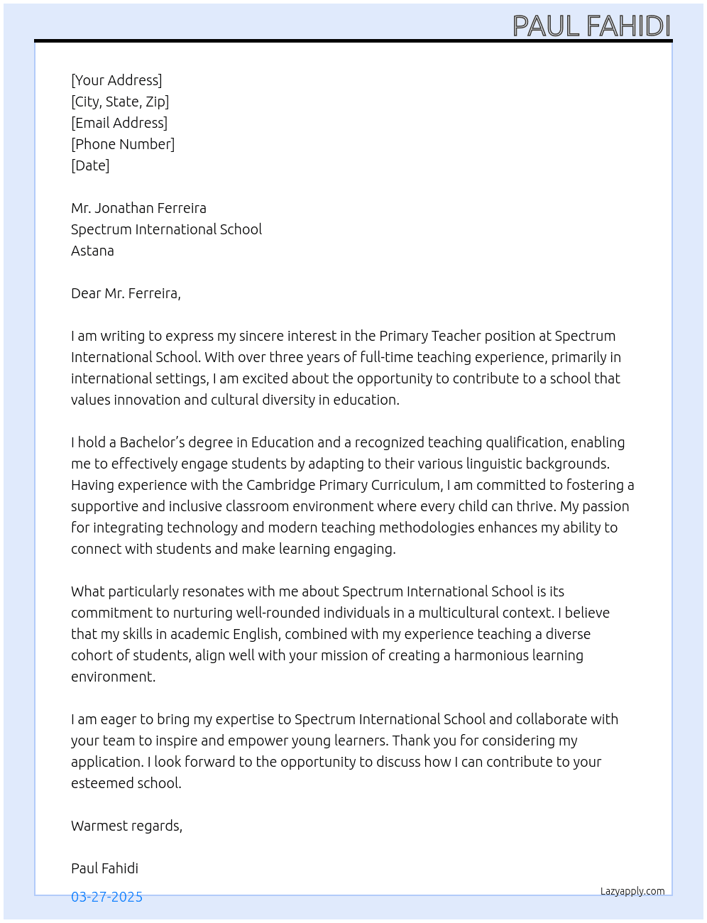Primary Teacher At Spectrum International School, Astana Cover Letter