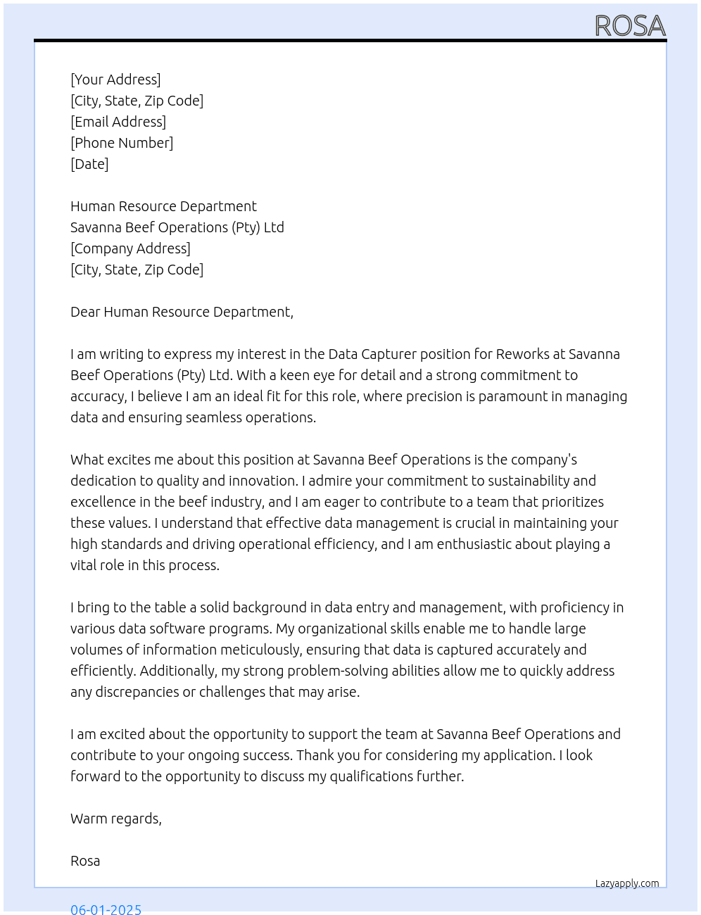 Cover letter for data capturer ,reworks - LazyApply