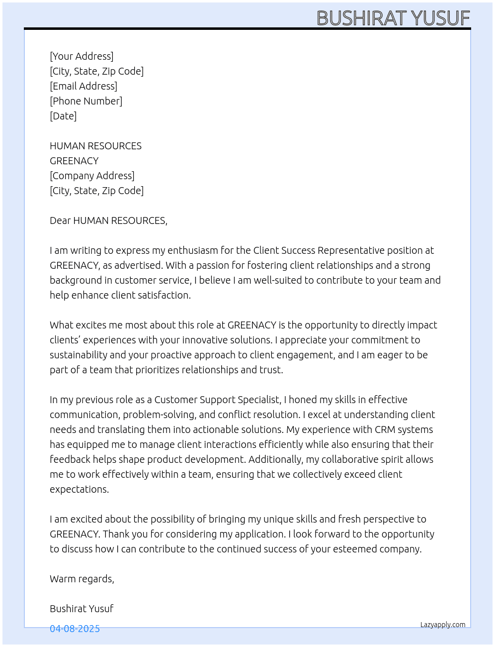 CLIENT SUCCESS REPRESENTATIVE At GREENACY Cover Letter