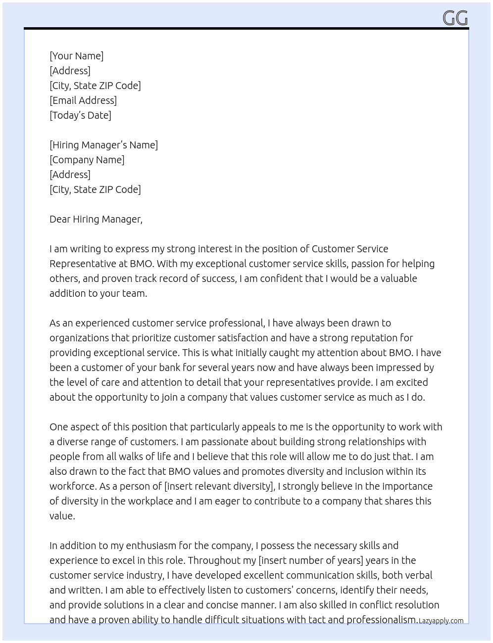 Customer Service Representative  At BMO Cover Letter