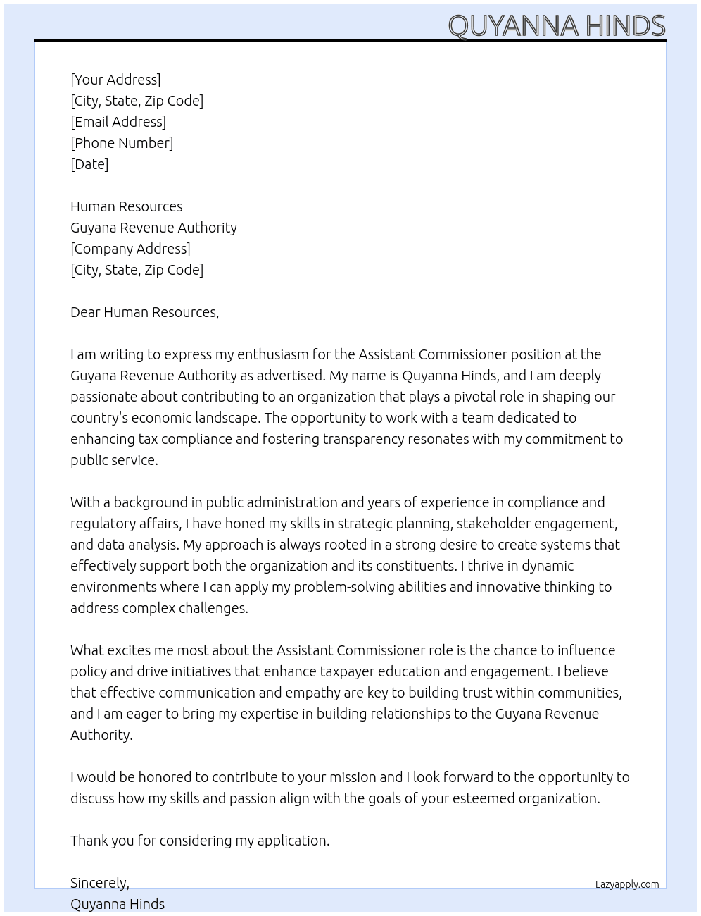 assistant commissioner At Guyana Revenue Authority Cover Letter