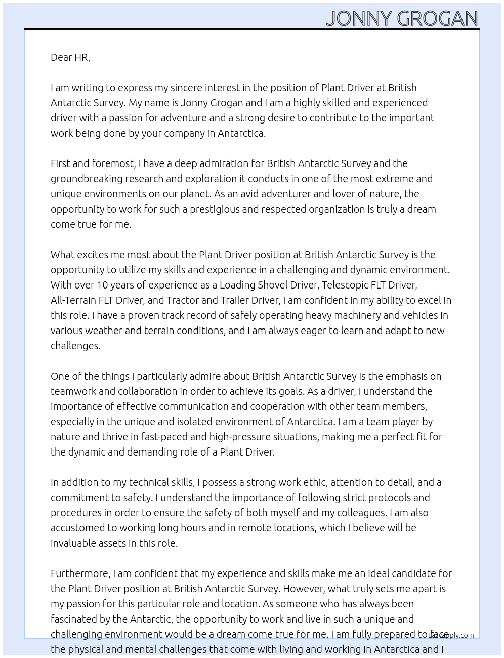 Plant driver  At British Antarctic Survey  Cover Letter
