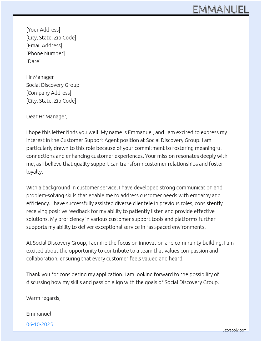 Customer Support Agent At Social Discovery Group Cover Letter