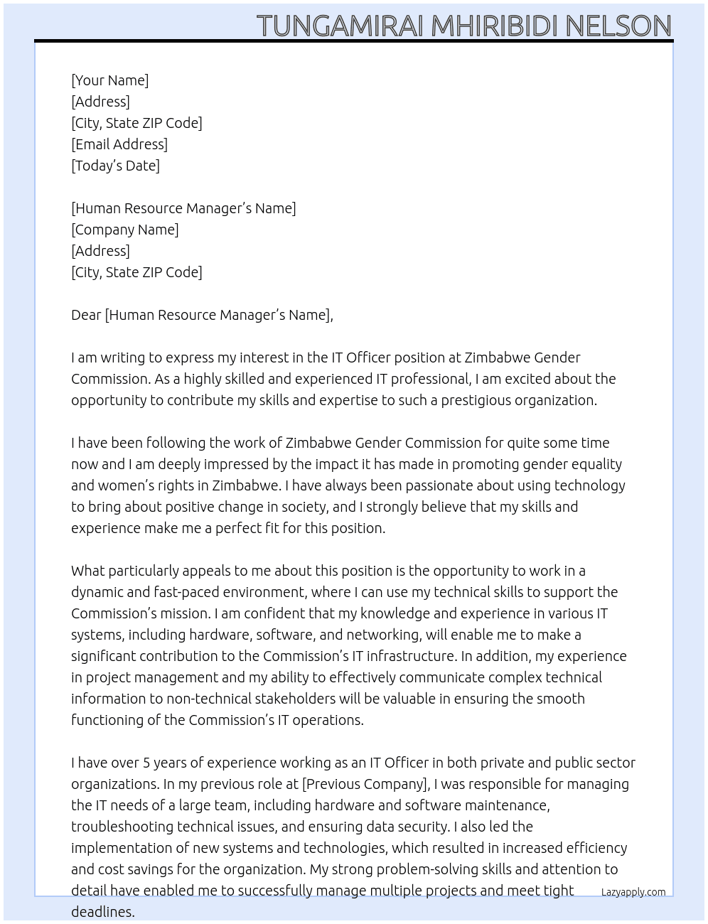 IT officer At Zimbabwe Gender Commission Cover Letter