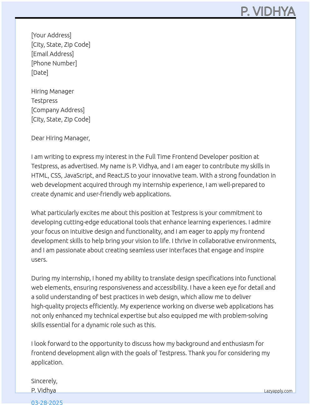 Frontend developer At Testpress Cover Letter