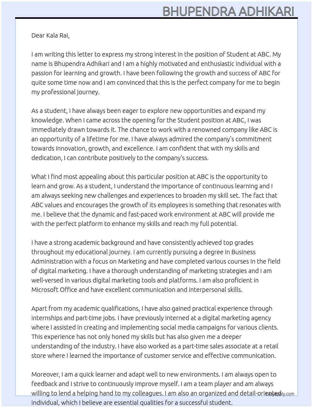 Student  At Abc Cover Letter